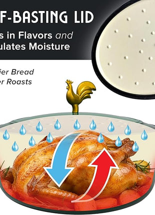 MUELLER HOME 5.5 Quart Enameled Cast Iron Oval Dutch Oven with Rooster Knob and Cotton Potholders, Heavy-Duty Cookware, Oven-Safe up to 500° F & Across All Cooktops, Thanksgiving Essentials, Emerald