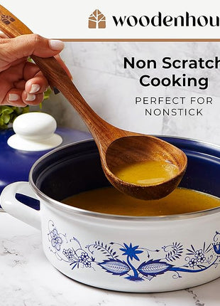 Wooden Ladle for Soup, 3 Size Teak Wood Ladle Spoon with Back Hooks for Pot & Bowl, Non-Stick Wooden Spoon Set for Cooking, Serving and Stirring