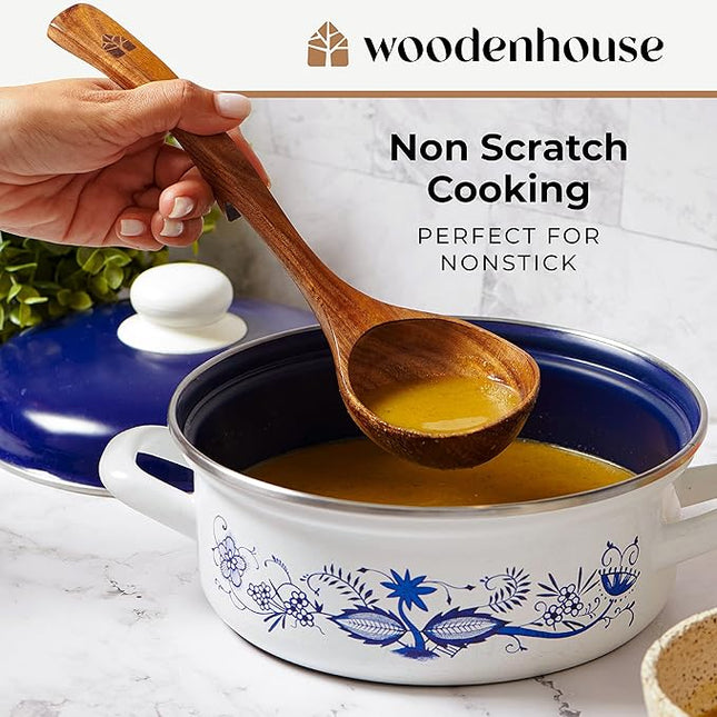 Wooden Ladle for Soup, 3 Size Teak Wood Ladle Spoon with Back Hooks for Pot & Bowl, Non-Stick Wooden Spoon Set for Cooking, Serving and Stirring