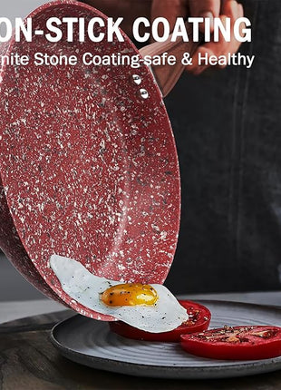 KOCH SYSTEME CS 12" Red Granite Non-Stick Frying Pan with Lid, Classic Pans with Non-toxic Nonstick Coating, Aluminum Skillet with Heat-resistant Bakelite Handle, Induction Compatible Frying Pan