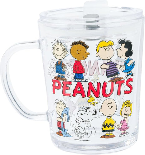 Silver Buffalo Peanuts Featuring Charlie Brown, Snoopy, Woodstock, Sally, Lucy, Linus, Schroeder, Franklin, and Pig-Pen Travel Glass Mug With Slide Close Lid and Handle, 14 Ounces