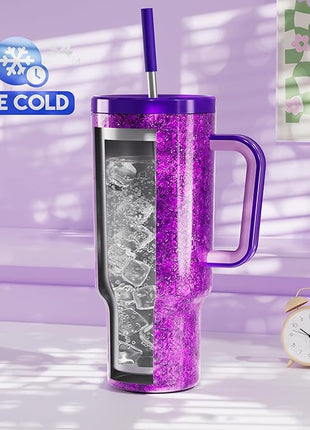 Meoky Tumbler with Handle and Straw for Women: 40 oz Stainless Steel Insulated Tumbler with Lid and Straw 100% Leakproof for Car Travel Home - Fashion Enthusiasts, Lavender