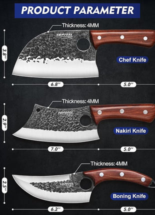 3PCS Butcher Knife Set, Hand Forged Serbian Chef Knives & Meat Cleaver & Viking Knives, Meat Cutting Kitchen Knife Set for Home, Outdoor Cooking, Camping BBQ Gift Idea Men