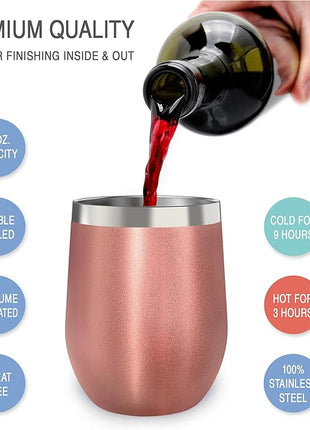 CHILLOUT LIFE 12 oz Stainless Steel Wine Tumblers 2 Pack - Double Wall Vacuum Insulated Wine Glasses Cups with Lids and Straws Set Keeping Cold & Hot for Coffee, Beer, Ice Cream - Rose Gold