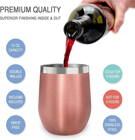 CHILLOUT LIFE 12 oz Stainless Steel Wine Tumblers 2 Pack - Double Wall Vacuum Insulated Wine Glasses Cups with Lids and Straws Set Keeping Cold & Hot for Coffee, Beer, Ice Cream - Rose Gold