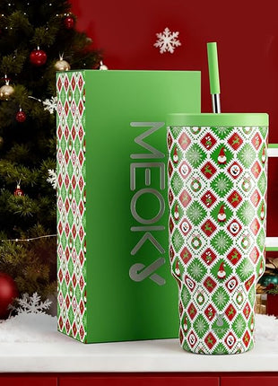 Meoky 40 oz Christmas Tumbler with Handle and Straw, Xmas Tumbler with Lid and Straw, Insulated Stainless Steel Travel Mug, Christmas Gifts for Women Men Adults (Snowy Santa)