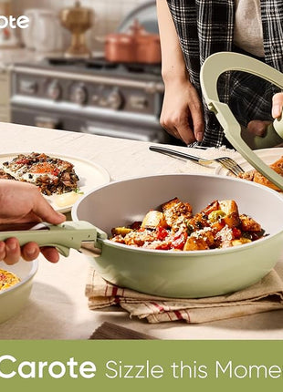 CAROTE 27pcs Ceramic Cookware Set Nonstick, Pots and Pans Set Non stick, Non Toxic Cookware, Dishwasher/Oven Safe, RV/Camping Cookware Set, Pan and Pot with Kitchen Utensils, Green