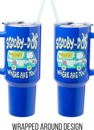 Silver Buffalo Scooby-Doo “Where Are You!” Stainless Steel Tumbler with Handle Featuring The Mystery Machine, Fits in Standard Cup Holder, 40 Ounces