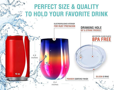 CHILLOUT LIFE 12 oz Stainless Steel Wine Tumbler with Lid - Double Wall Vacuum Insulated Wine Cup Glass Keeping Cold & Hot for Coffee, Champagne, Cocktails, Ice Cream - Colorful Rainbow