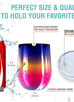 CHILLOUT LIFE 12 oz Stainless Steel Wine Tumblers 2 Pack - Double Wall Vacuum Insulated Wine Glasses Cups with Lids and Straws Set Keeping Cold & Hot for Coffee, Beer, Ice Cream - Colorful Rainbow