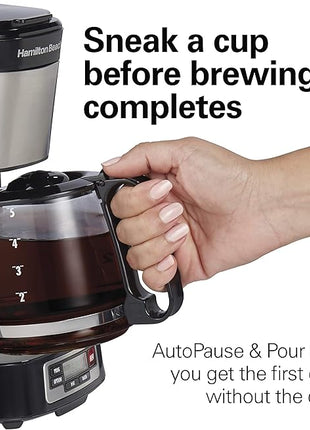 Hamilton Beach 5 Cup Drip Coffee Maker with Easy FrontFill Basket, Compact Design, Programmable Clock, Glass Carafe, Auto Pause and Pour, Black & Stainless Steel (46111)