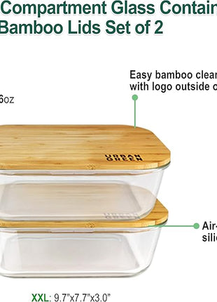 Urban Green Glass Food Storage Containers, XXLarge Size, 76oz/2260ml, 2 Pack - Bamboo Lids, Microwave & Freezer Safe, Meal Prep & Pantry Organization