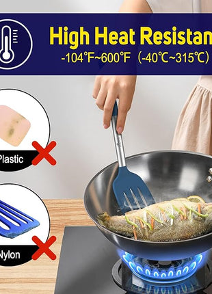 HOTEC Silicone Spatula Set of 2 Heat-Resistant 600°F & BPA-Free Kitchen SaptulaTurner with Stainless Steel Handles, Slotted & Solid Spatulas for Nonstick Cookware, 13.7 Inch, Classic Blue