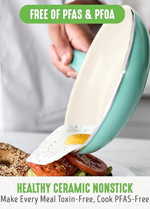 GreenLife Soft Grip Healthy Ceramic Nonstick 18 Piece Kitchen Cookware Pots and Frying Sauce Saute Pans Set, PFAS-Free with Kitchen Utensils and Lid, Dishwasher Safe, Turquoise