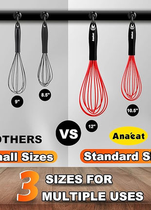 Anaeat Silicone Whisk, Thick Stainless Steel Wire Inner - Heat Resistant Kitchen Whisks for Non-Stick Cookware, Balloon Egg Beater for Whisking, Blending, Beating, Frothing & Stirring (Red)