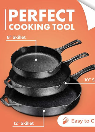 Bruntmor 8, 10 and 12 Inch Pre-Seasoned Frying Pan Set of 3, Oven Safe Skillet, Grill Pan Set, Nonstick Cookware with Side Drip Lips, Black