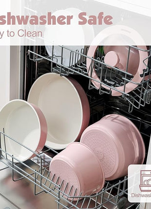 SENSARTE 17 Piece Ceramic Pots and Pans Set, Nonstick Detachable Handle Cookware, Induction Kitchen Cookware Set with Removable Handle, Dishwasher ＆ Oven Safe (Pink)