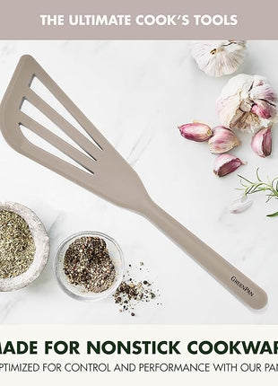 GreenPan Silicone Fish Turner Spatula, Slotted Cooking Kitchen Utensil, Flexible Rubber Nonstick Cookware, Rigid Steel Core, Heat-Resistant, Anti-Slip Handle, BPA-Free, Dishwasher Safe, Taupe