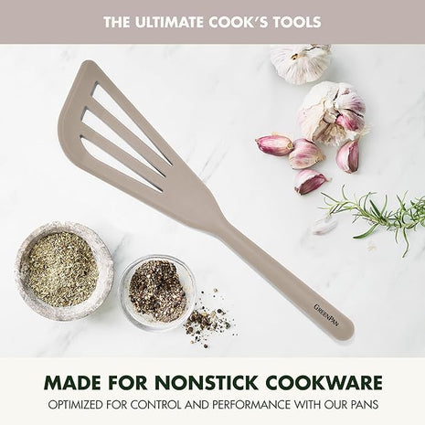 GreenPan Silicone Fish Turner Spatula, Slotted Cooking Kitchen Utensil, Flexible Rubber Nonstick Cookware, Rigid Steel Core, Heat-Resistant, Anti-Slip Handle, BPA-Free, Dishwasher Safe, Taupe