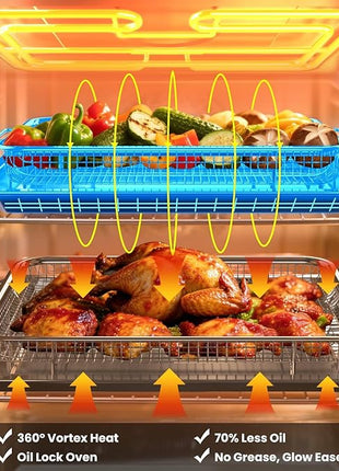 Air Fryer Basket for Oven, 2 Set Stainless Steel Pan & Crisper Tray (15"x11" &12.8"x9.7") with 60 Parchment Papers, Family-Size Non-Stick Oven Basket for Baking Chicken, Fries, Dishwasher Safe
