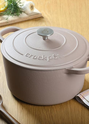 Crock-Pot Artisan 5-Quart Round Cast Iron Dutch Oven with Lid – Matte Dusty Pink, Durable Oven Safe Cookware