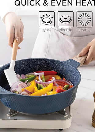 Country Kitchen Non-Stick Cast Aluminum Cookware Set - Durable Kitchen Cookware for Everyday Cooking, Navy, 11 Pc.