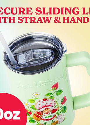 Silver Buffalo Strawberry Shortcake and Custard “Life is Delicious!” Stainless Steel Tumbler with Handle, Fits in Standard Cup Holder, 40 Ounces