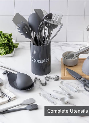 COOK WITH COLOR Silicone Cooking Utensils, Kitchen Utensil Set, Easy to Clean Silicone Kitchen Utensils, Cooking Utensils for Nonstick Cookware, Kitchen Gadgets Set, 38 Piece, Gray