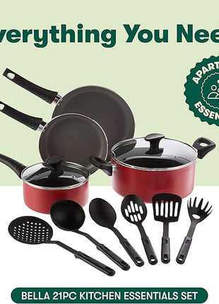 BELLA Cookware Set, 12 Piece Pots and Pans with Utensils, Nonstick PFOA Free Scratch Resistant Cooking Surface Compatible with All Stoves, Nylon and Aluminum, Red