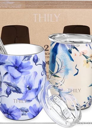 THILY Stainless Steel Insulated Wine Tumbler Stemless Wine Glass with Sliding Lid and Straw, Keep Coffee or Cocktails Cold, Cute Gifts for Women, 2 Pack(Iridaceae+Orchid)