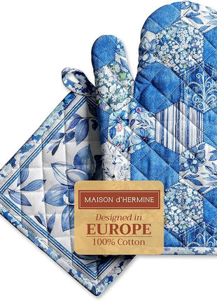 Maison d' Hermine 100% Cotton Oven Mitt & Pot Holder Set (7.5"x13" & 8"x8") Heat Resistant BBQ Cooking Gloves with Loop, Baking, Grilling, Kitchen, Handling Hot Pans Spring/Summer (Summer Blues)