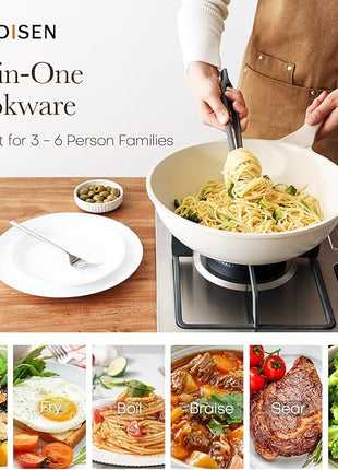 Kordisen Nonstick Wok with Lid, 12 Inch Woks & Stir-fry Pans, Healthy Coating Induction Cookware, Compatible with All Stovetops, PFOA Free (Cream White)