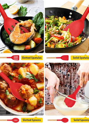 Pack of 4 Silicone Cooking Utensils Set, Non Stick Solid Spatulas and Heat Resistant Slotted Spoons with Wooden Handle, Ideal Wood Kitchen Utensils Set for Frying,Serving,Turning,Stirring (RED)