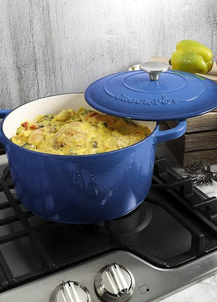 Crock-Pot Artisan 5-Quart Round Enameled Cast Iron Dutch Oven – Blue, Durable Heavy-Duty Cookware for Slow Cooking, Roasting, Baking with Lid
