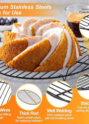 P&P CHEF Round Cooling Rack Set, Round Wire Racks for Cooking Baking, Fit Air Fryer & Oven, Stainless Steel Core with Nonstick Coatings, Black, 2 PCS - 10.5 Inch