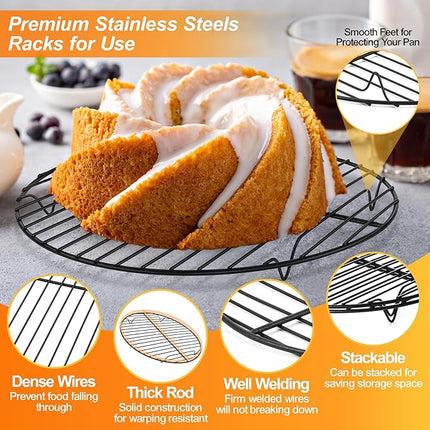 P&P CHEF Round Cooling Rack Set, Round Wire Racks for Cooking Baking, Fit Air Fryer & Oven, Stainless Steel Core with Nonstick Coatings, Black, 2 PCS - 10.5 Inch