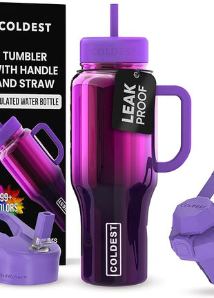 Coldest Tumbler with Handle and Straw - 100% Spill Proof Tumbler with Straw (3 Lids) - Stainless Steel Insulated Leakproof Tumblers for Women & Men - Cup Holder Friendly - 36 oz (Purple Nova)