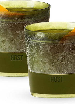 Host Whiskey Freeze Glasses, Double Old Fashioned Glasses, Chill Without Dilution for Bourbon, Vodka, Cold Brew Cocktails, Bourbon Gifts for Men, Gifts for Dad, Home Bar, 9 oz, Set of 2, Olive Green