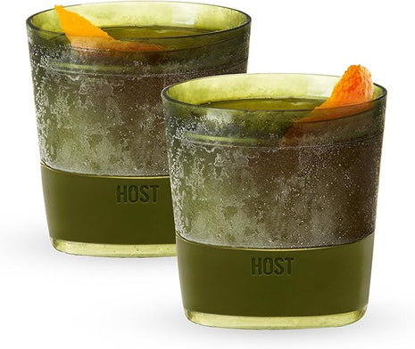 Host Whiskey Freeze Glasses, Double Old Fashioned Glasses, Chill Without Dilution for Bourbon, Vodka, Cold Brew Cocktails, Bourbon Gifts for Men, Gifts for Dad, Home Bar, 9 oz, Set of 2, Olive Green