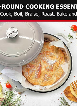 MUELLER HOME 4.5 QT Enameled Cast Iron Dutch Oven, Heavy-Duty Casserole Dish and Braiser Pan with Lid and Stainless Knob, Oven-Safe up to 500° F & Across All Cooktops, Oyster White