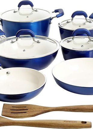 Kenmore Arlington Nonstick Ceramic Coated Forged Aluminum Induction Cookware with Bakelite Handles, 12-Piece Set, Metallic Blue