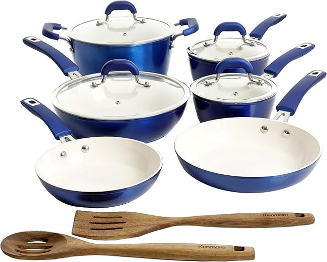 Kenmore Arlington Nonstick Ceramic Coated Forged Aluminum Induction Cookware with Bakelite Handles, 12-Piece Set, Metallic Blue