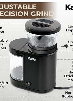 Kaffe Electric Burr Coffee Grinder (5.5oz) w/Adjustable Coarseness Settings - Flat Burr - [New Upgraded Motor ] - Precision Coffee Bean Grinder for Home Use - Black