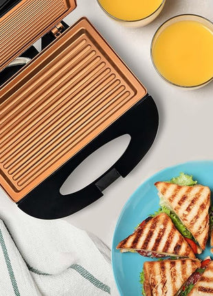 OVENTE Electric Panini Press Grill with Nonstick Plates, LED Indicator Lights, Thermostat Control, Compact Sandwich Maker Perfect for Cooking Breakfast, Steaks, Eggs Snacks & More, Copper GP0110CO