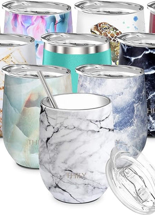 THILY Stainless Steel Stemless Wine Tumbler 12 oz Triple-Insulated Stemless Glass with Lid and Straw, Durable Reusable Travel Coffee Cup, Keep Hot or Cold for Wine, Coffee, Beer, Juice, White Marble