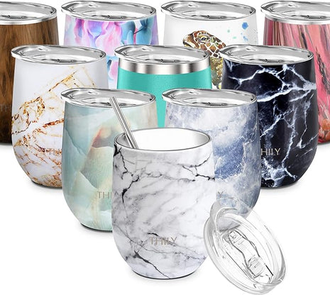 THILY Stainless Steel Stemless Wine Tumbler 12 oz Triple-Insulated Stemless Glass with Lid and Straw, Durable Reusable Travel Coffee Cup, Keep Hot or Cold for Wine, Coffee, Beer, Juice, White Marble