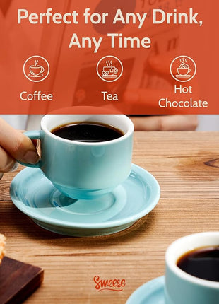 Sweese 2.5 Ounce Porcelain Stackable Espresso Cups with Saucers and Metal Stand Set of 4, Turquoise