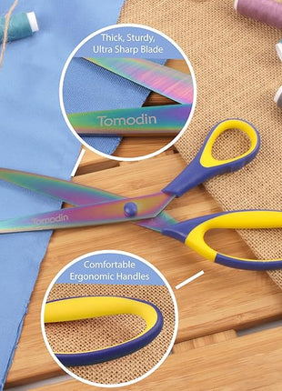 BambooMN Titanium Softgrip Scissors Set for Sewing, Arts, Crafts, Office - Blue w/Yellow - 30 Sets of 3