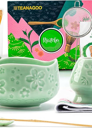 TEANAGOO Matcha Whisk Set,7 Pcs Matcha Set Blue Green,Ceremony Matcha Kit,Matcha Tea Set for Making Latte,Ceramic Bowl(chawan) whith Spout and Whisk,Gift for Matcha Lovers