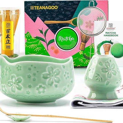 TEANAGOO Matcha Whisk Set,7 Pcs Matcha Set Blue Green,Ceremony Matcha Kit,Matcha Tea Set for Making Latte,Ceramic Bowl(chawan) whith Spout and Whisk,Gift for Matcha Lovers